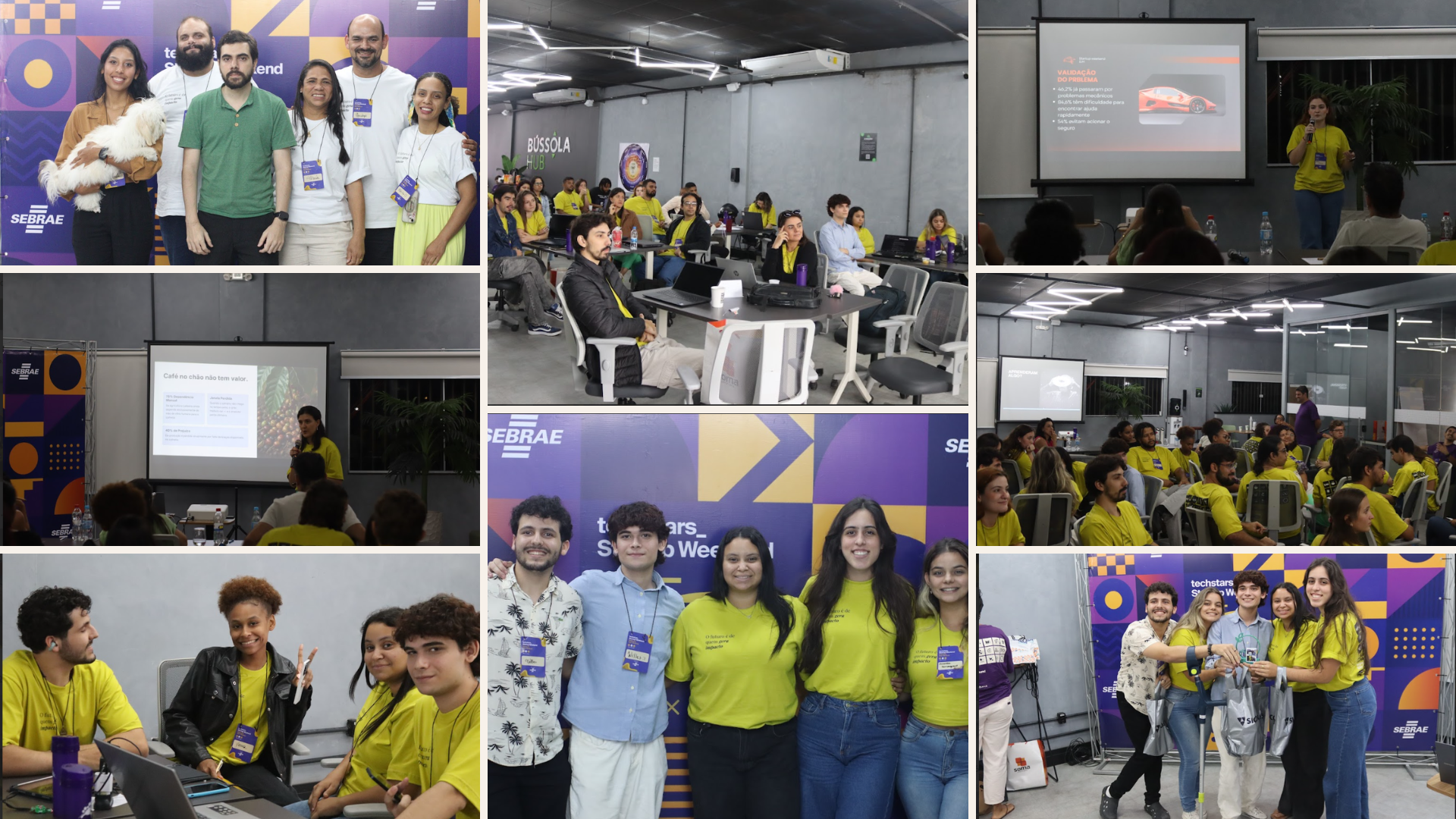 Mentores e participantes discutindo ideias de negócios durante o evento de inovação.